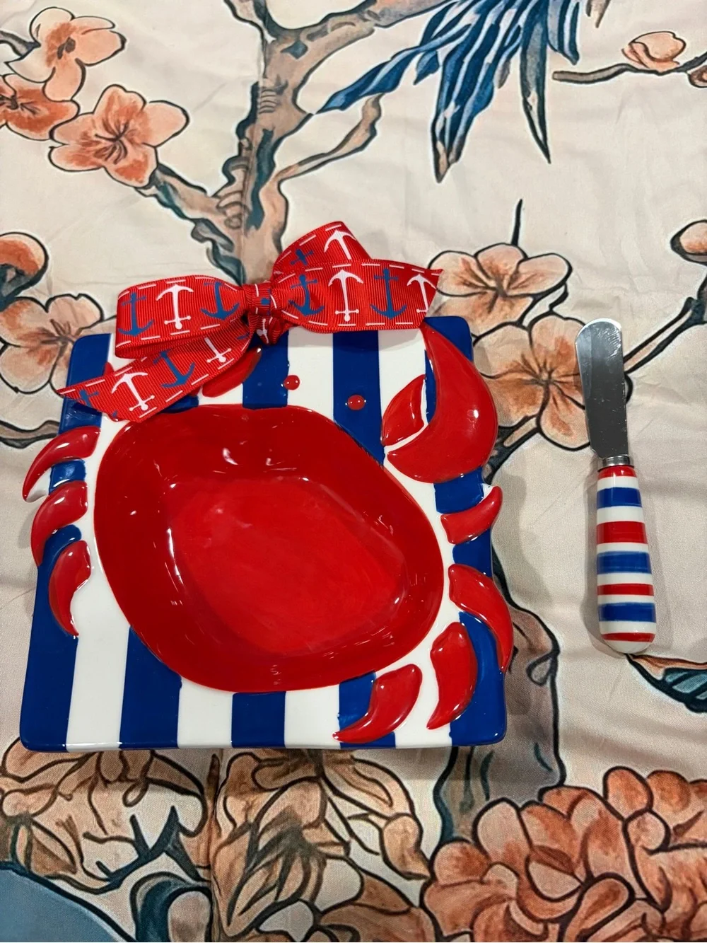 Mud Pie Red Blue White Crab Dip Bowl with Spreader